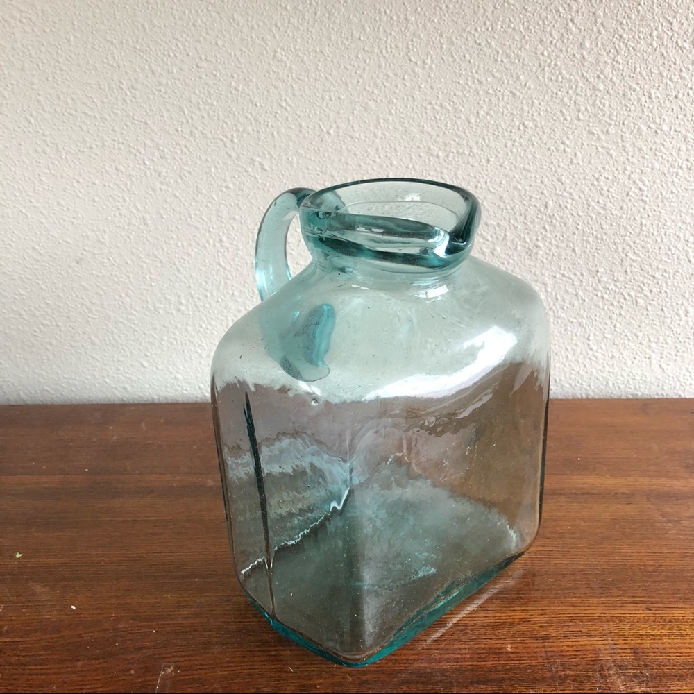 blue tinted square jug with handle and spout